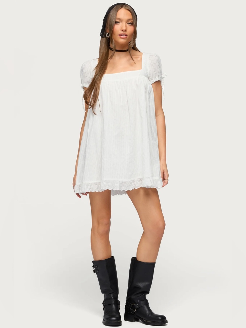 Edikted Sepid Striped Cotton White Mini Babydoll Dress NWT Medium